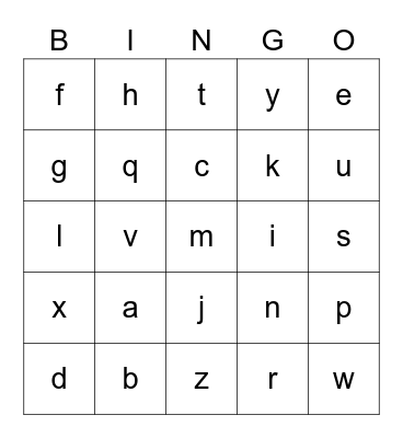 lowercase alphabet Bingo Card