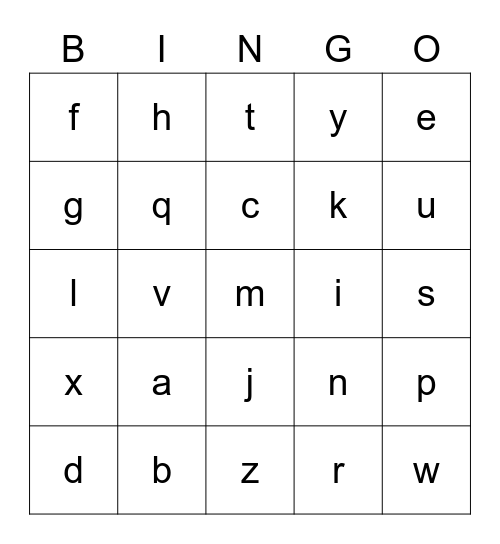 lowercase alphabet Bingo Card