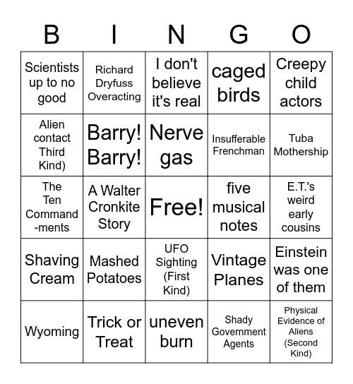 Close Encounters of the Third Kind Bingo Card