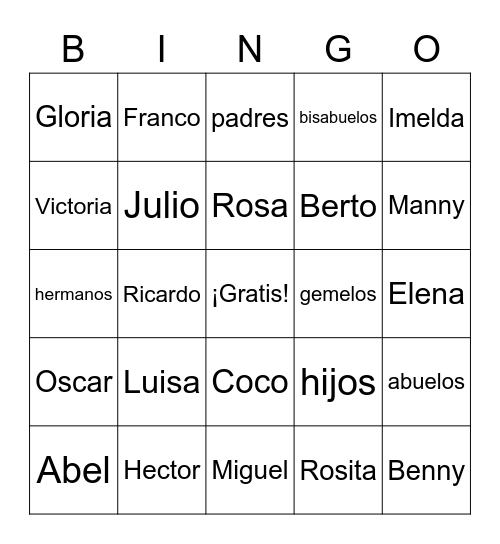 La familia de Coco Bingo Card