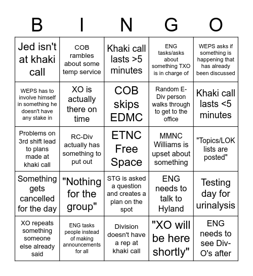 Khaki Call Bingo Card