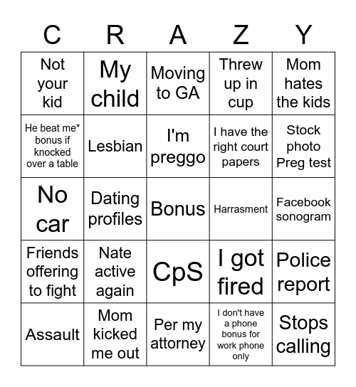 Breakup bingo Card