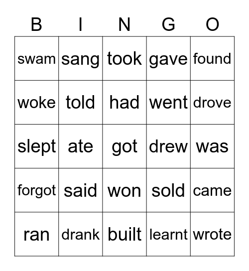 Irregular past tense verbs Bingo Card