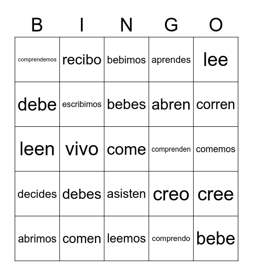 Present Tense of ER / IR Verbs Bingo Card