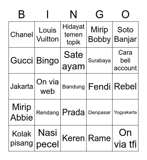 J's Bingo Card