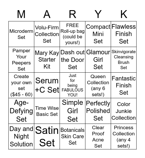 Mary Kay Shamrock Beauty Bingo Card