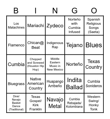 Musical Genres of the Southwest Bingo Card