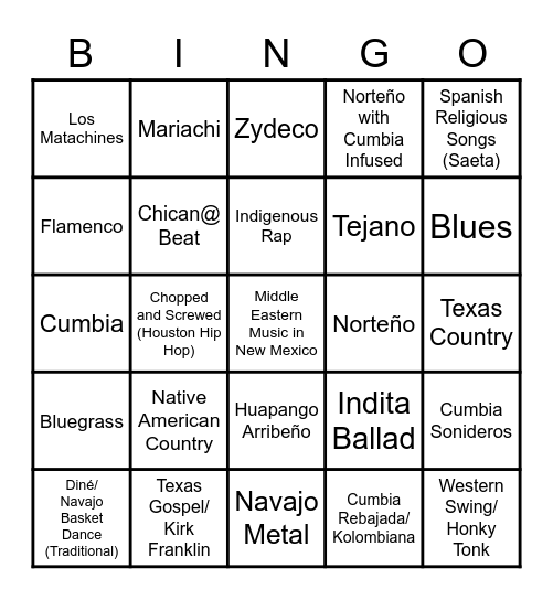 Musical Genres of the Southwest Bingo Card