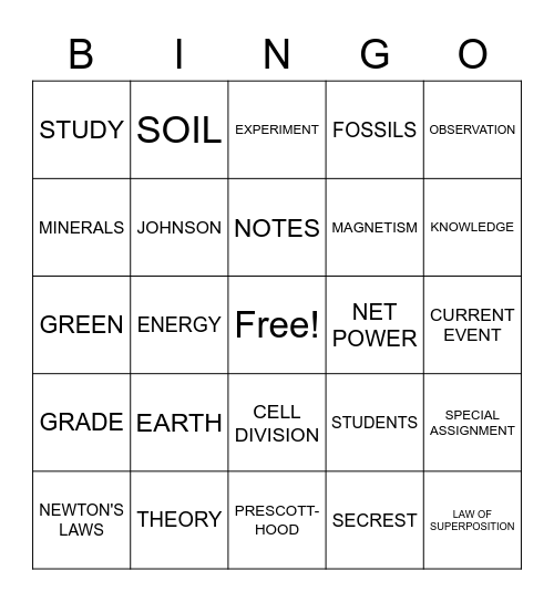 SCIENCE Bingo Card