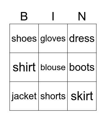My Favorite Clothes Bingo Card