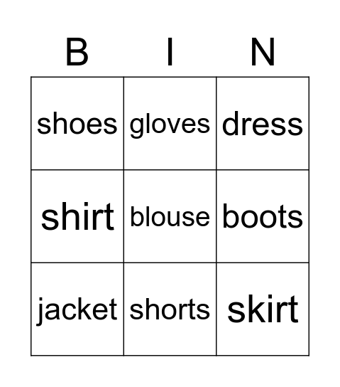 My Favorite Clothes Bingo Card