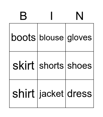 My Favorite Clothes Bingo Card
