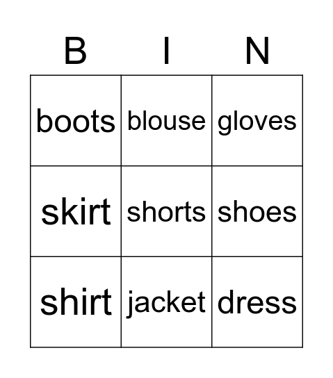 My Favorite Clothes Bingo Card