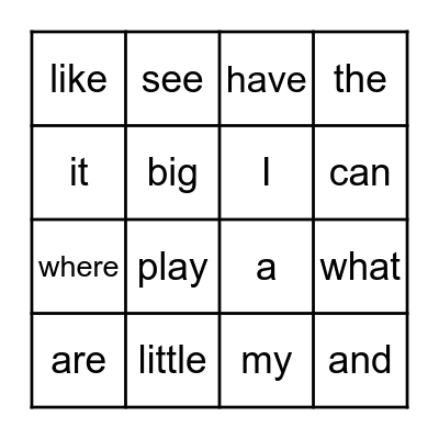 Sight Words Bingo Card