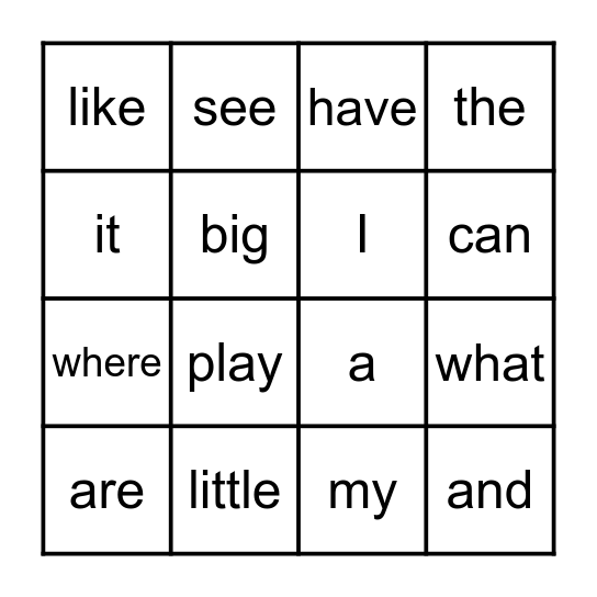 Sight Words Bingo Card