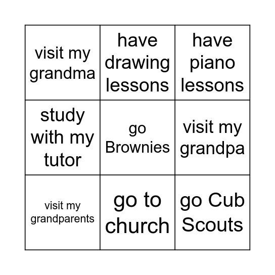 Weekly Activities Bingo Card