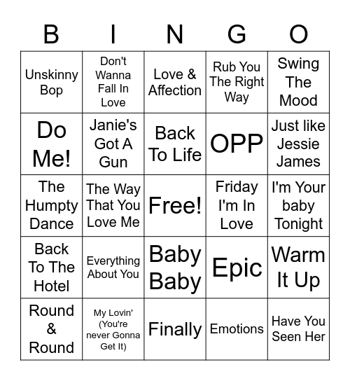 90s Hits Bingo Card