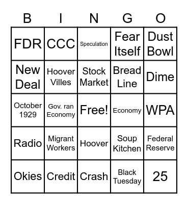 Depression, the Dust Bowl, & the New Deal Bingo Card