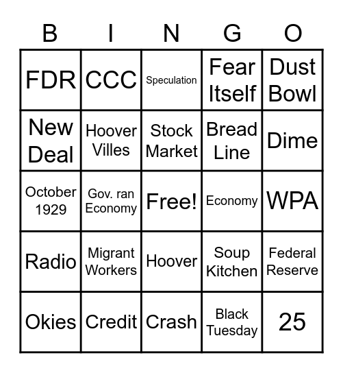 Depression, the Dust Bowl, & the New Deal Bingo Card