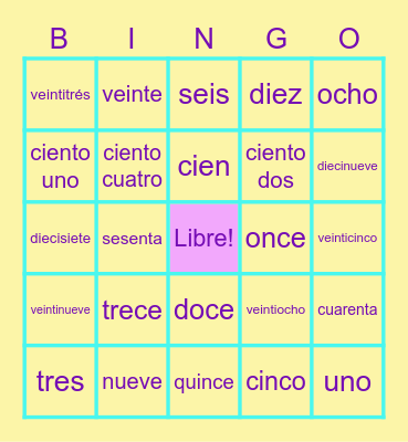 Spanish Numbers 0-105 Bingo Card