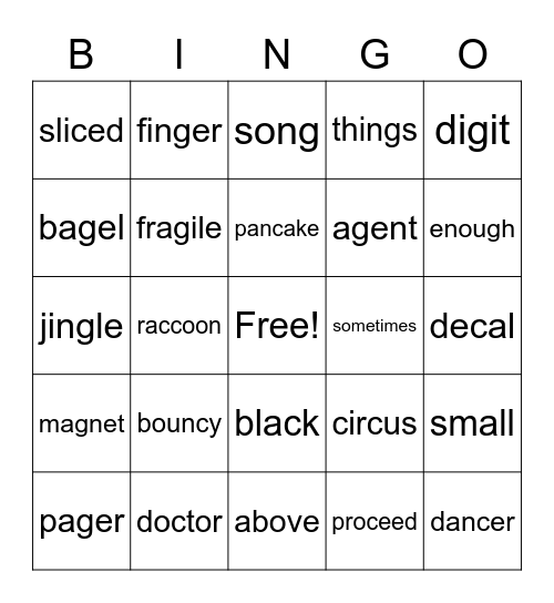 Word Bingo Card