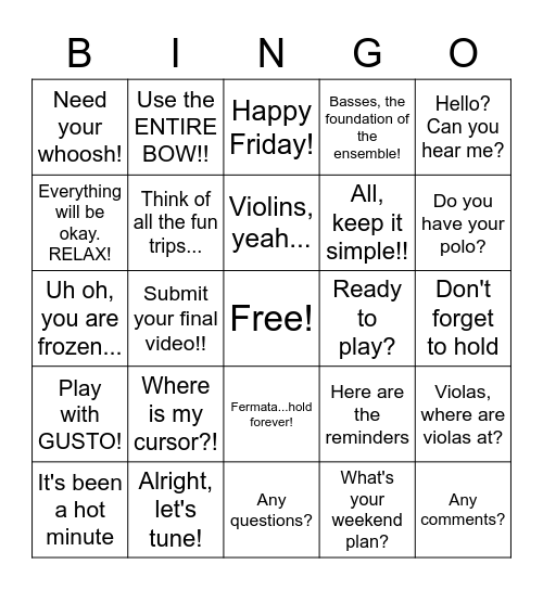 4/12 Week ORCHESTRA BINGO CONCURRENT EDITION Bingo Card