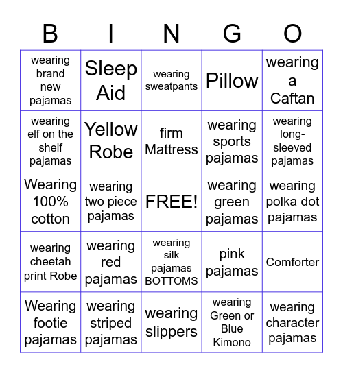 Pajama Party Bingo #1 Bingo Card