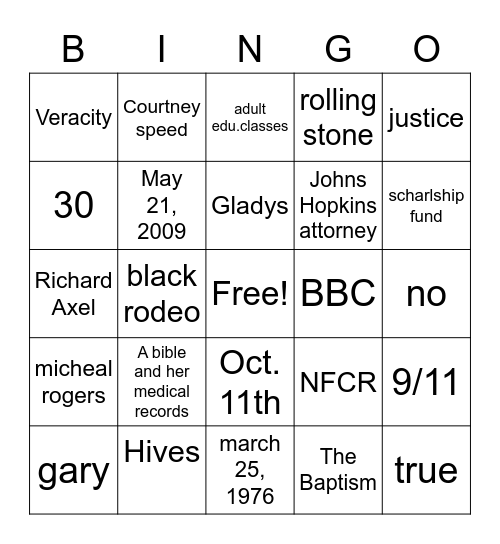 Henrietta Lacks Bingo Card