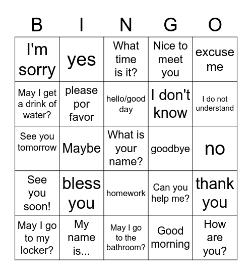 Being friendly/polite-Ser amable/político Bingo Card