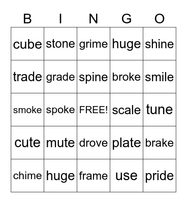 Silent e Bingo Card