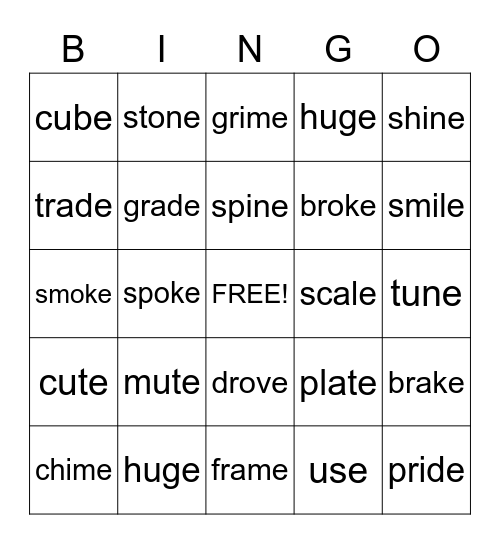 Silent e Bingo Card