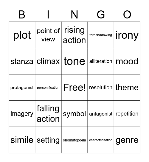 Literary Terms Bingo Card