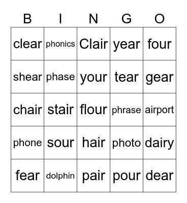 Phonics - ph ear air our Bingo Card