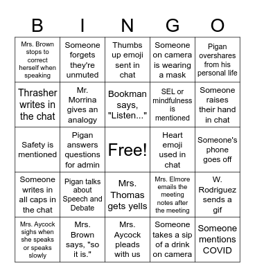 Apollo Middle School Faculty Bingo Card