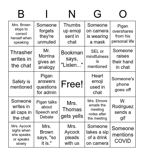 Apollo Middle School Faculty Bingo Card