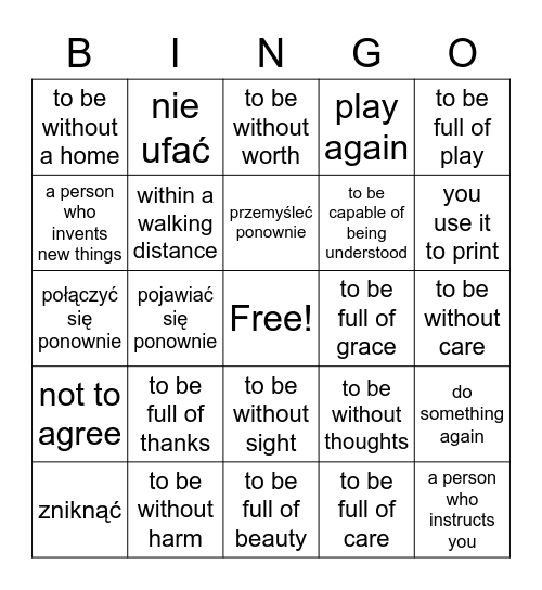 Suffixes & prefixes Bingo Card