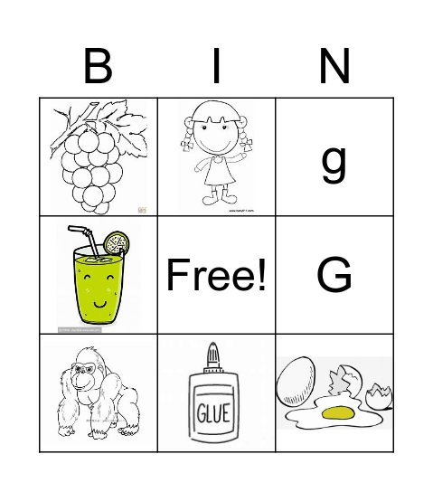 Letter G Bingo Card