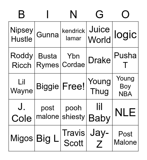 Hip Hop Bingo Card