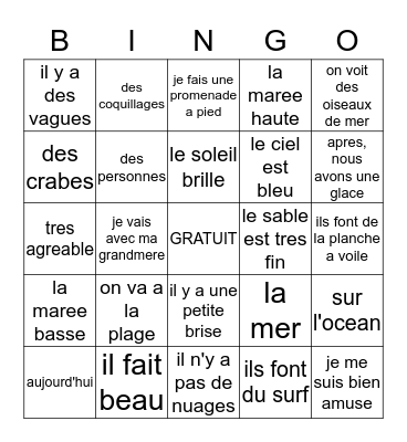 French Vocabulary  Bingo Card
