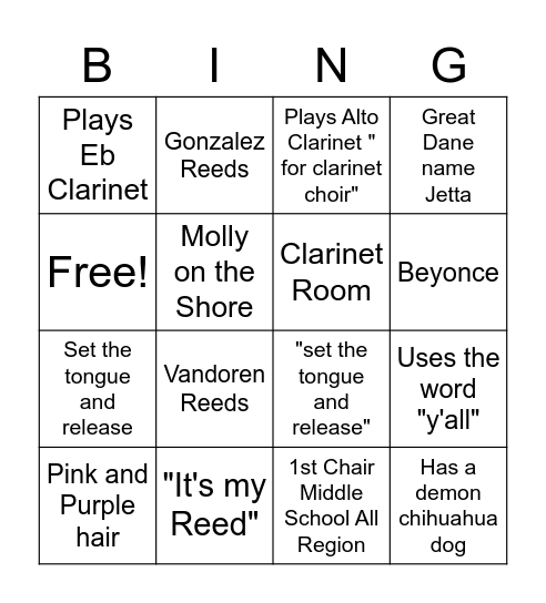 Clarinets Bingo Card