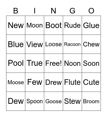 OO, EW, OU Phonics Bingo Card