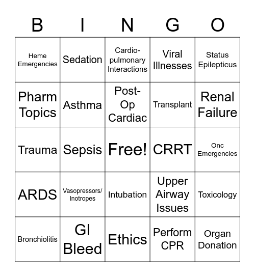 PICU Bingo Card