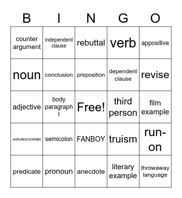 7th Grade Writing Review Bingo Card