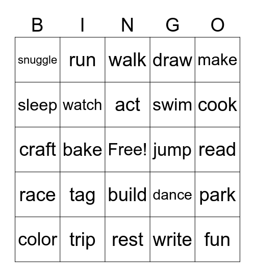 Vacation Activities Bingo Card
