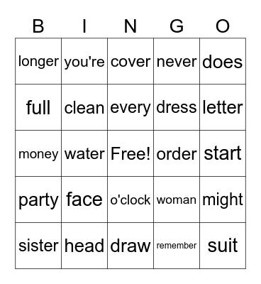 Sight words Bingo Card
