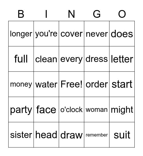 Sight words Bingo Card