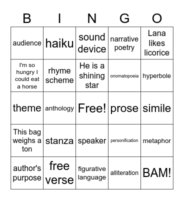 Poetry Bingo Card