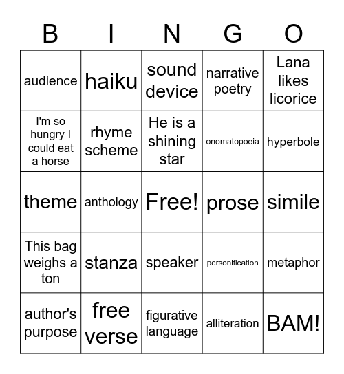 Poetry Bingo Card