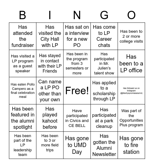 LP Alumni Social Bingo Card