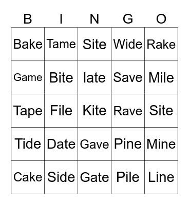 CVC Silent E Bingo Card